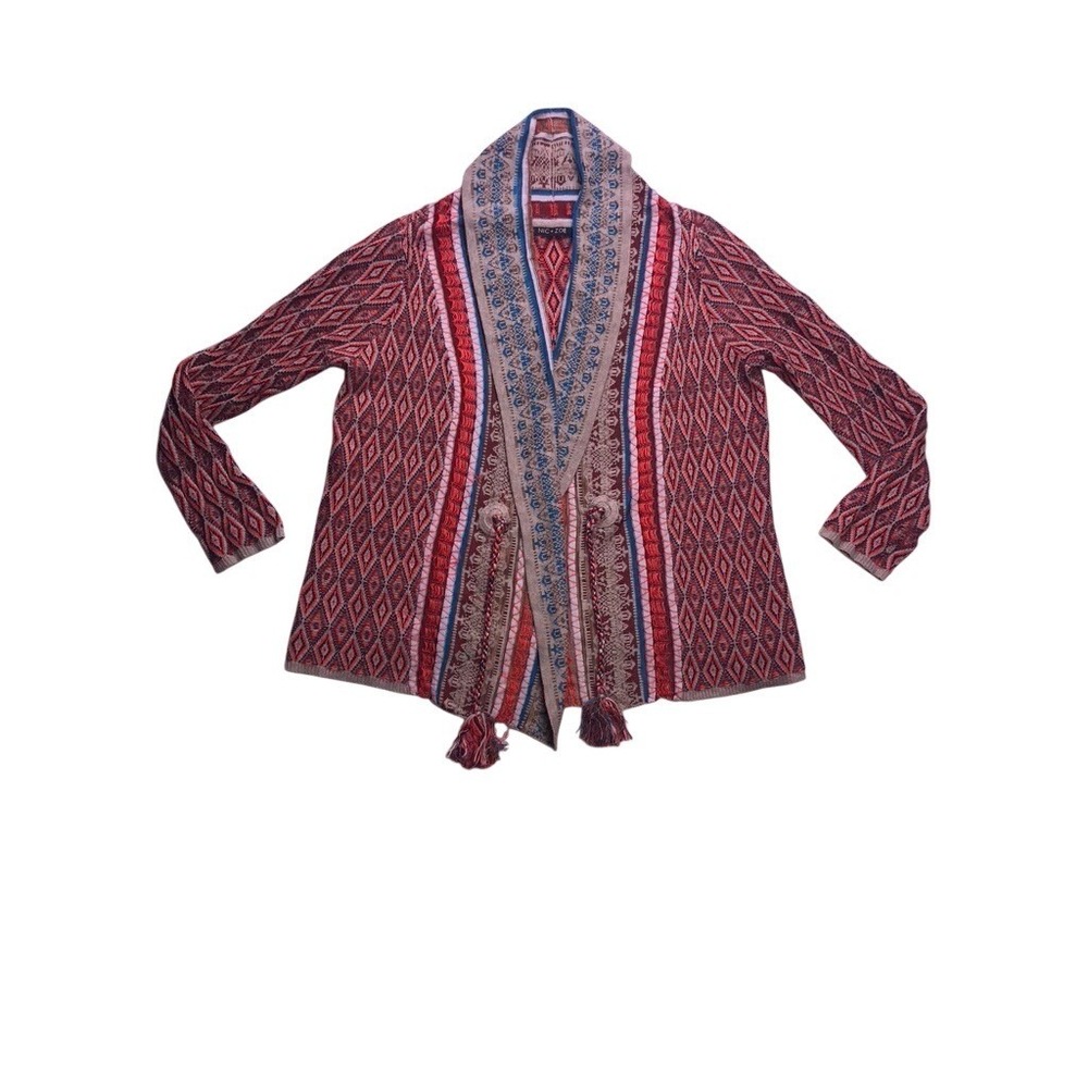NIC+ZOE Cardigan Sweater Womens XL Red Multi Silk Blend Tassel Aztec